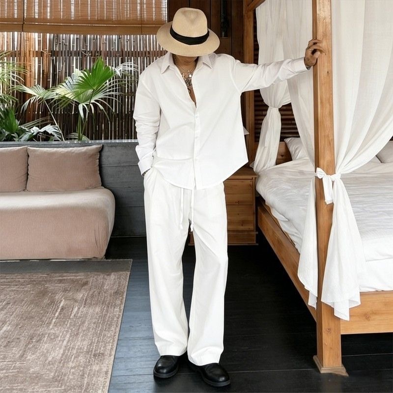 White Linen Set Loose Fit Long - Mens Linen Shirt Long Sleeve review and price