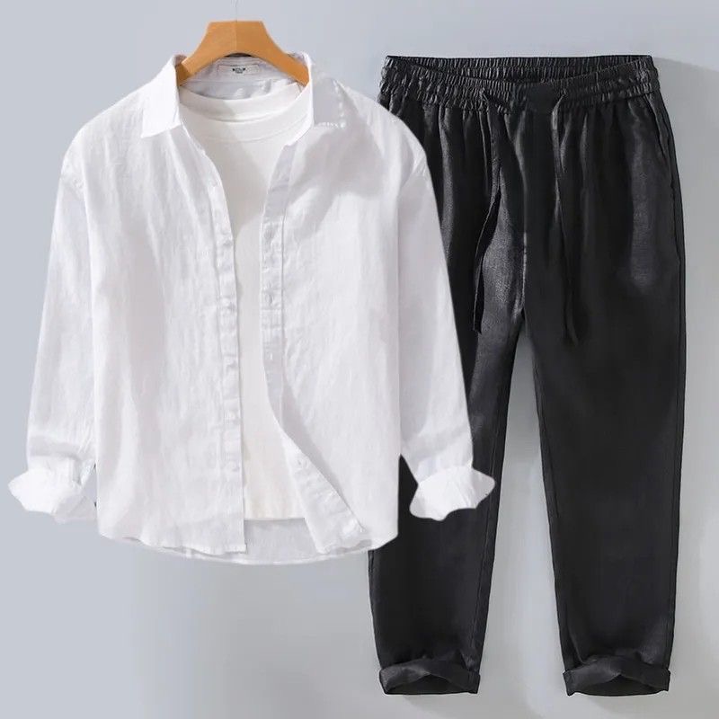 White Linen Set Loose Fit Long - Mens Linen Shirt Long Sleeve review and price
